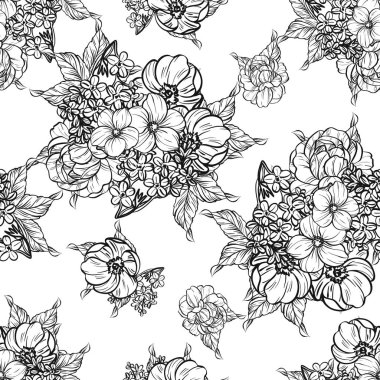 Sorunsuz vintage tarzı çiçek deseni. Siyah ve beyaz çiçek öğeleri.