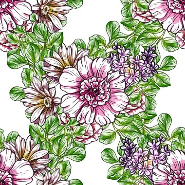Sorunsuz vintage tarzı renkli çiçek deseni. Renkli çiçek öğeleri