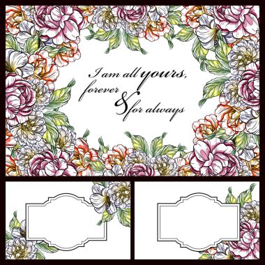 Vintage tarzı çiçek aşk seti kartları. Çiçek öğeleri ve çerçeveler.