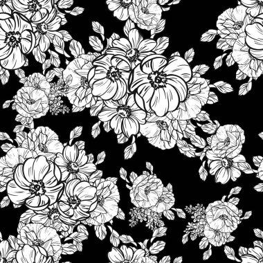 Sorunsuz vintage tarzı çiçek deseni. Siyah ve beyaz çiçek öğeleri.