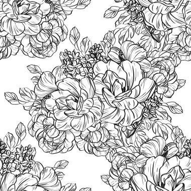 Sorunsuz vintage tarzı çiçek deseni. Siyah ve beyaz çiçek öğeleri.