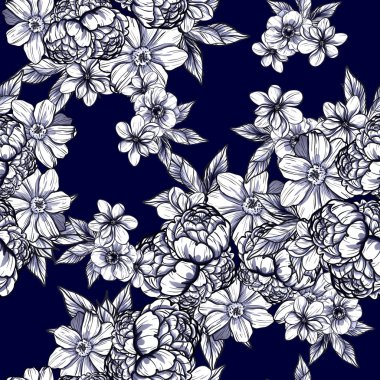 Sorunsuz vintage tarzı çiçek deseni. Siyah ve beyaz çiçek öğeleri.