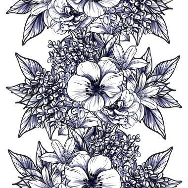 Sorunsuz vintage tarzı tek renkli renkli çiçek deseni. Çiçek öğeleri.