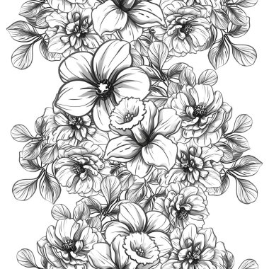 Sorunsuz vintage tarzı çiçek deseni. Siyah ve beyaz çiçek öğeleri.