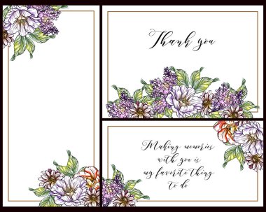 Vintage tarzı çiçek aşk seti kartları. Çiçek öğeleri ve çerçeveler.