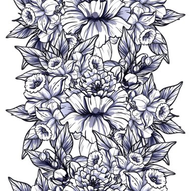 Sorunsuz vintage tarzı tek renkli renkli çiçek deseni. Çiçek öğeleri.