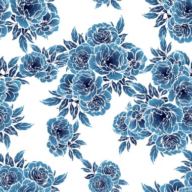 Sorunsuz vintage tarzı tek renkli koyu mavi renkli çiçek deseni. Çiçek öğeleri.