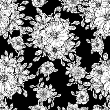 Sorunsuz vintage tarzı çiçek deseni. Siyah ve beyaz çiçek öğeleri.