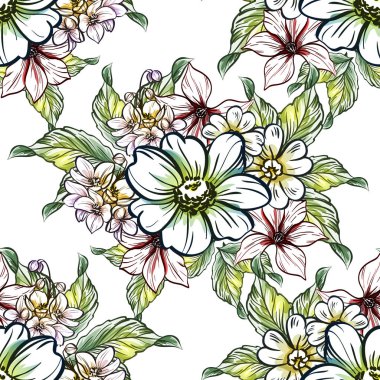 Sorunsuz vintage tarzı çiçek deseni. Renkli çiçek öğeleri