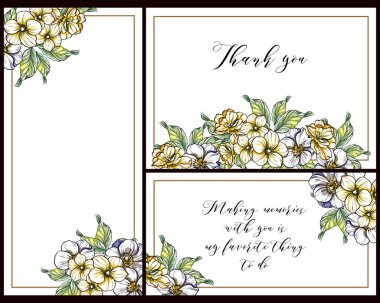 Klasik çiçek düğün kartları seti. Çiçek elementleri ve çerçeveleri.