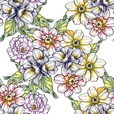 Sorunsuz vintage tarzı çiçek deseni. Renkli çiçek öğeleri