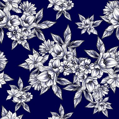 Sorunsuz vintage tarzı çiçek deseni. Siyah ve beyaz çiçek öğeleri.