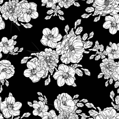 Sorunsuz vintage tarzı çiçek deseni. Siyah ve beyaz çiçek öğeleri.