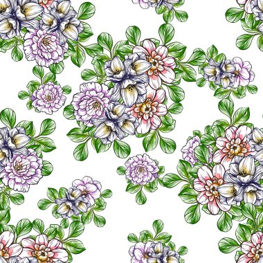 Sorunsuz vintage tarzı çiçek deseni. Renkli çiçek öğeleri