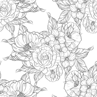 Sorunsuz vintage tarzı çiçek deseni. Siyah ve beyaz çiçek öğeleri.