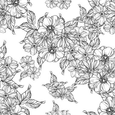 Sorunsuz vintage tarzı çiçek deseni. Siyah ve beyaz çiçek öğeleri.