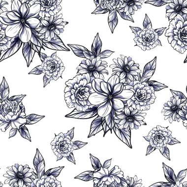Sorunsuz vintage tarzı tek renkli renkli çiçek deseni. Çiçek öğeleri.