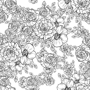 Sorunsuz vintage tarzı çiçek deseni. Siyah ve beyaz çiçek öğeleri.