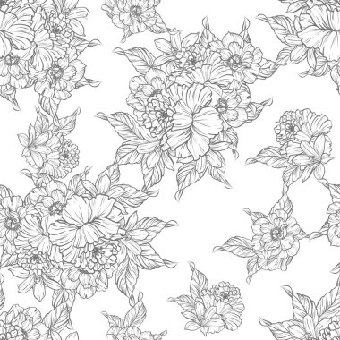 Sorunsuz vintage tarzı çiçek deseni. Siyah ve beyaz çiçek öğeleri.