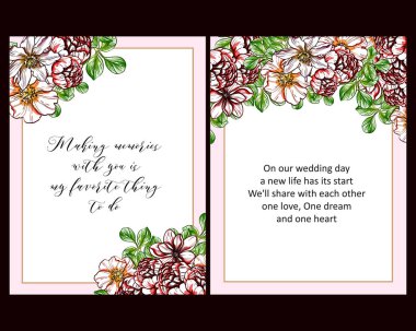 Klasik çiçek düğün kartları seti. Çiçek elementleri ve çerçeveleri.