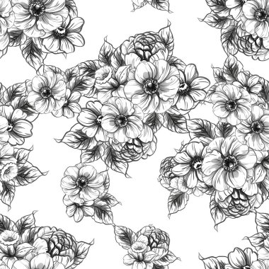 Sorunsuz vintage tarzı çiçek deseni. Siyah ve beyaz çiçek öğeleri.