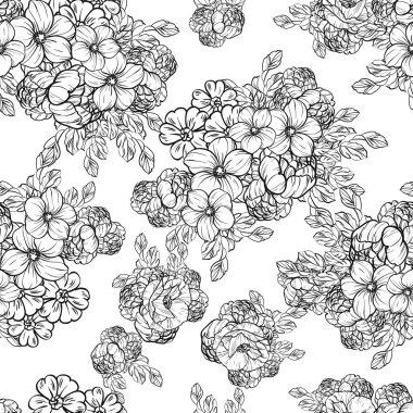 Sorunsuz vintage tarzı çiçek deseni. Siyah ve beyaz çiçek öğeleri.