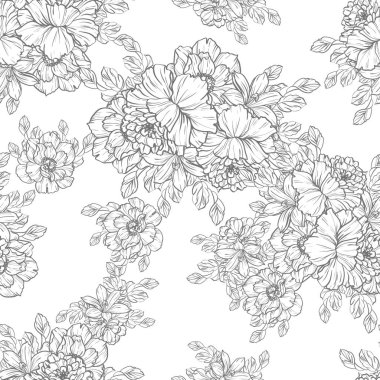 Sorunsuz vintage tarzı çiçek deseni. Siyah ve beyaz çiçek öğeleri.