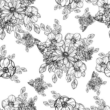 Sorunsuz vintage tarzı çiçek deseni. Siyah ve beyaz çiçek öğeleri.