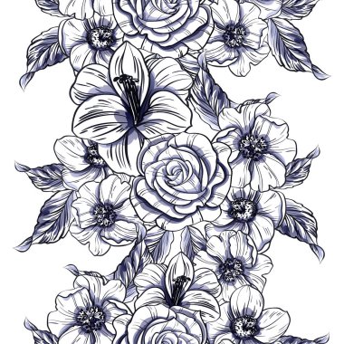 Sorunsuz vintage tarzı tek renkli renkli çiçek deseni. Çiçek öğeleri.