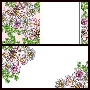 Klasik çiçek düğün kartları seti. Çiçek elementleri ve çerçeveleri.