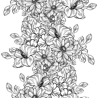 Sorunsuz vintage tarzı çiçek deseni. Siyah ve beyaz çiçek öğeleri.