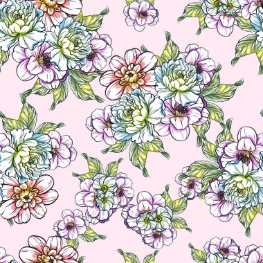 Sorunsuz vintage tarzı çiçek deseni. Renkli çiçek öğeleri
