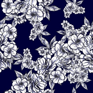 Sorunsuz vintage tarzı çiçek deseni. Siyah ve beyaz çiçek öğeleri.