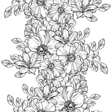 Sorunsuz vintage tarzı çiçek deseni. Siyah ve beyaz çiçek öğeleri.