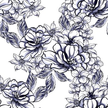 Sorunsuz vintage tarzı tek renkli renkli çiçek deseni. Çiçek öğeleri.
