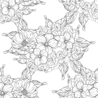 Sorunsuz vintage tarzı çiçek deseni. Siyah ve beyaz çiçek öğeleri.