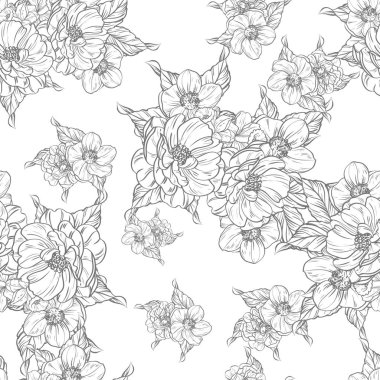 Sorunsuz vintage tarzı çiçek deseni. Siyah ve beyaz çiçek öğeleri.