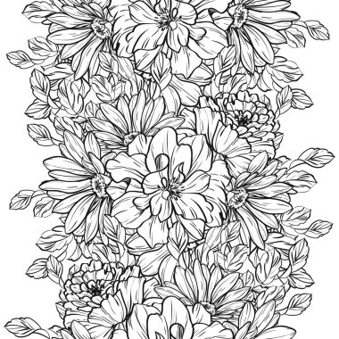 Sorunsuz vintage tarzı çiçek deseni. Siyah ve beyaz çiçek öğeleri.