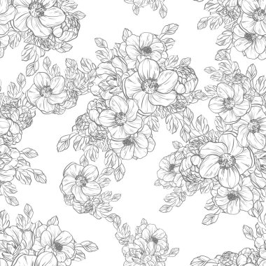 Sorunsuz vintage tarzı çiçek deseni. Siyah ve beyaz çiçek öğeleri.