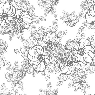 Sorunsuz vintage tarzı çiçek deseni. Siyah ve beyaz çiçek öğeleri.