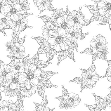 Sorunsuz vintage tarzı çiçek deseni. Siyah ve beyaz çiçek öğeleri.
