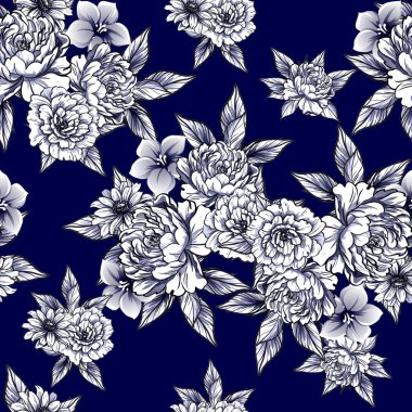 Sorunsuz vintage tarzı çiçek deseni. Siyah ve beyaz çiçek öğeleri.