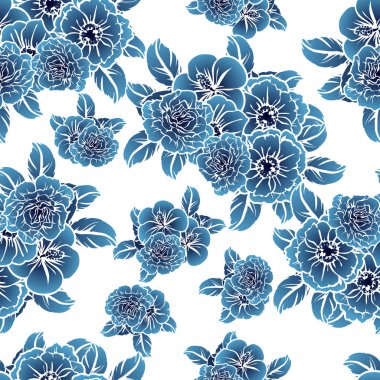 Sorunsuz vintage tarzı tek renkli koyu mavi renkli çiçek deseni. Çiçek öğeleri.