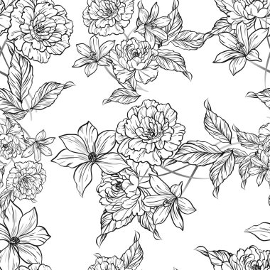 Sorunsuz vintage tarzı çiçek deseni. Siyah ve beyaz çiçek öğeleri.