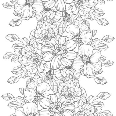 Sorunsuz vintage tarzı çiçek deseni. Siyah ve beyaz çiçek öğeleri.