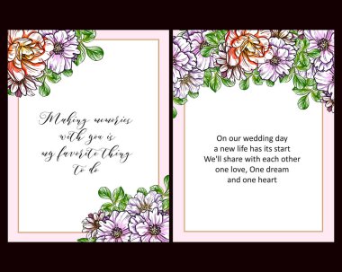 Klasik çiçek düğün kartları seti. Çiçek elementleri ve çerçeveleri.