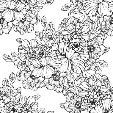 Sorunsuz vintage tarzı çiçek deseni. Siyah ve beyaz çiçek öğeleri.