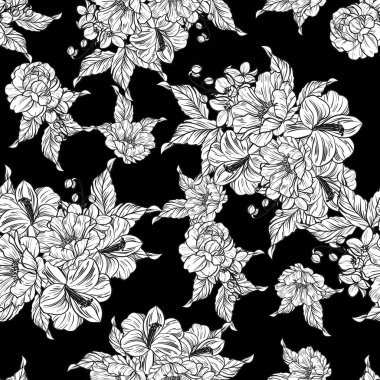 Sorunsuz vintage tarzı çiçek deseni. Siyah ve beyaz çiçek öğeleri.