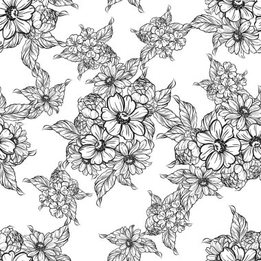 Sorunsuz vintage tarzı çiçek deseni. Siyah ve beyaz çiçek öğeleri.