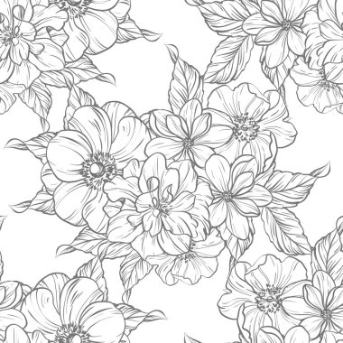 Sorunsuz vintage tarzı çiçek deseni. Siyah ve beyaz çiçek öğeleri.